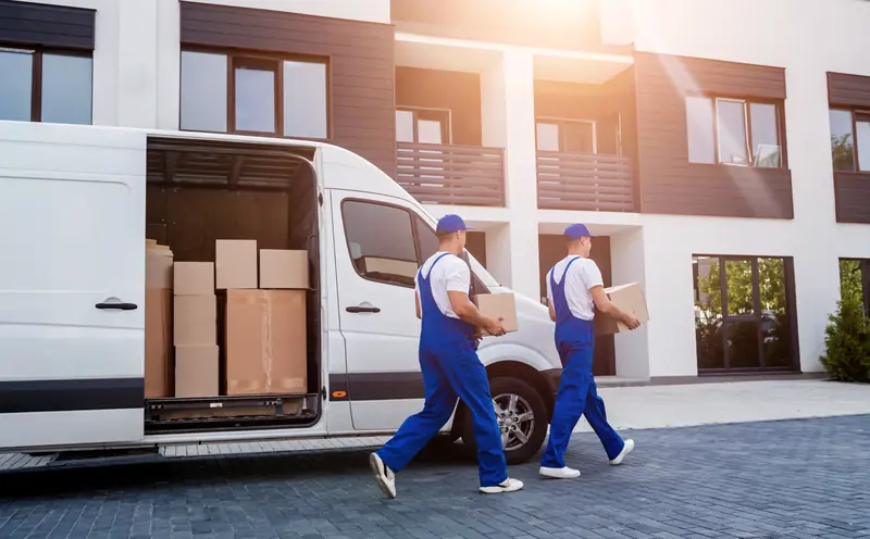 Two removal workers in overalls carrying boxes from a white van towards an apartment building